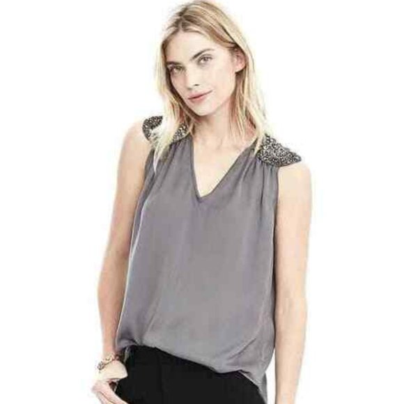 Banana Republic grey sleeveless v neck top, relaxed fit, embellished shoulders - Picture 1 of 7